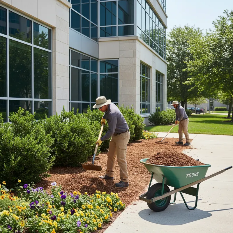 Lawn care crew spreading mulch along a commercial property bed